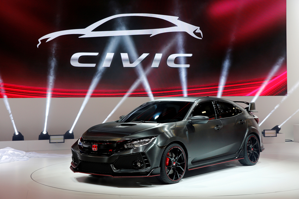 The Honda Civic Type R Prototype is displayed on media day at the Paris auto show, in Paris